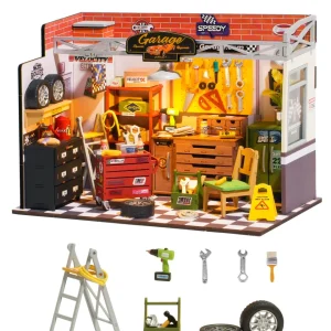 Robotime DIY Kit de casa en miniatura Mini casa de muñecas taller de garaje Kit de fabricación de casa pequeña con luz LED decorativa para niños